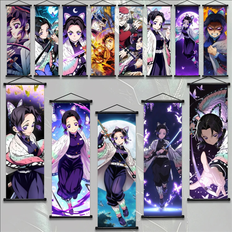 Home Decor Wall Pictures - 胡蝶しのぶ デーモンスレイヤーアートファブリック掛け軸、アニメウォールアート、ファンへのギフト、寝室の家の装飾