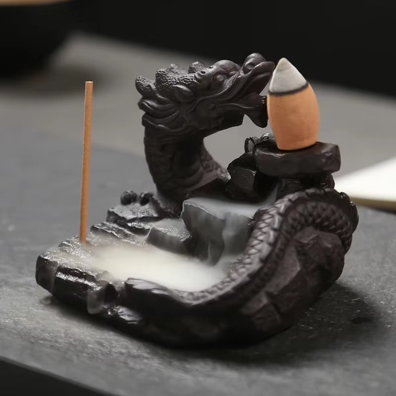 Home Decor Humacao - 陶器製ドラゴン型香炉、逆流香炉、ミニオフィスデスク・ホームデコレーション・茶室用蓮の装飾品
