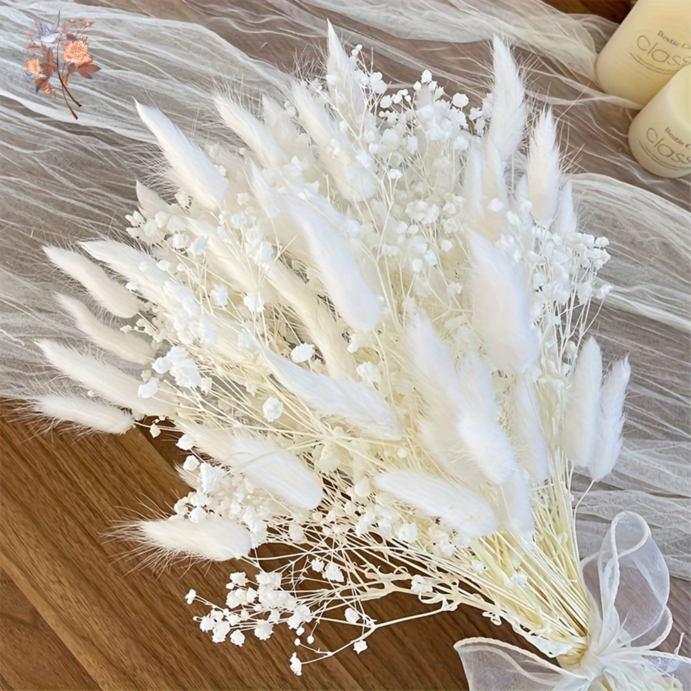 Dried Flower Bouquet - 54 個ホワイトドライフラワーブライダルマリアージュブーケナチュラルバニーテール草と数百万の星バンドルガールフレンドカップルギフト