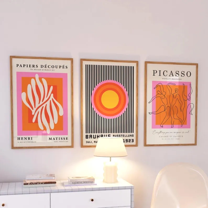 Home Decor Aesthetic - 3 個モダンオレンジバウハウスとピカソの壁アートプリントキャンバス絵画ポスター画像リビングルーム、寝室の家の装飾用