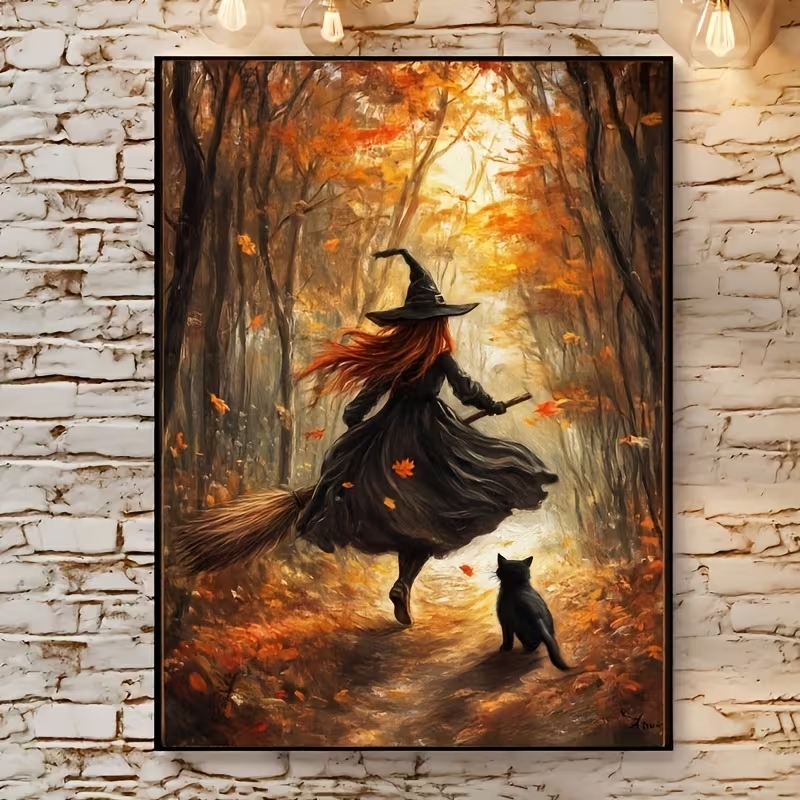 Home Decor Wall Pictures - レトロなハロウィン秋の魔女がほうきに乗る壁アートプリントキャンバス絵画ポスター、リビングルーム、寝室の家の装飾に。