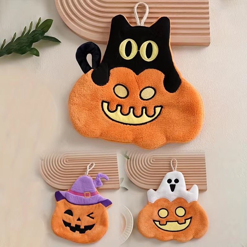 Home Decor Kolkata - かわいいハロウィンテーマのハンドタオル カボチャ 黒猫 ゴーストデザイン 吊り下げ式吸水タオル バスルーム