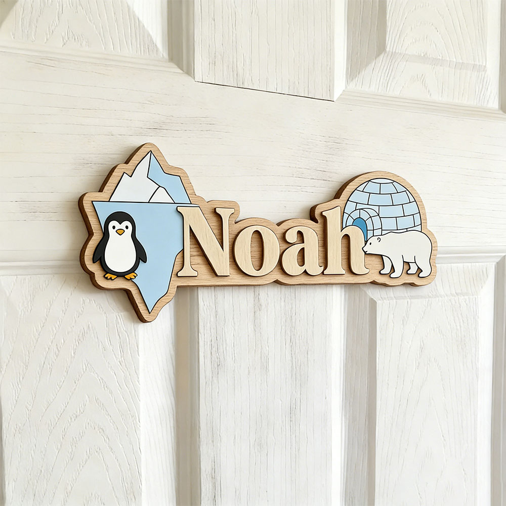 北極ペンギンとシロクマのカスタムネームサイン、氷の洞窟保育園 - Home Decor Wall Pictures のレビューと価格