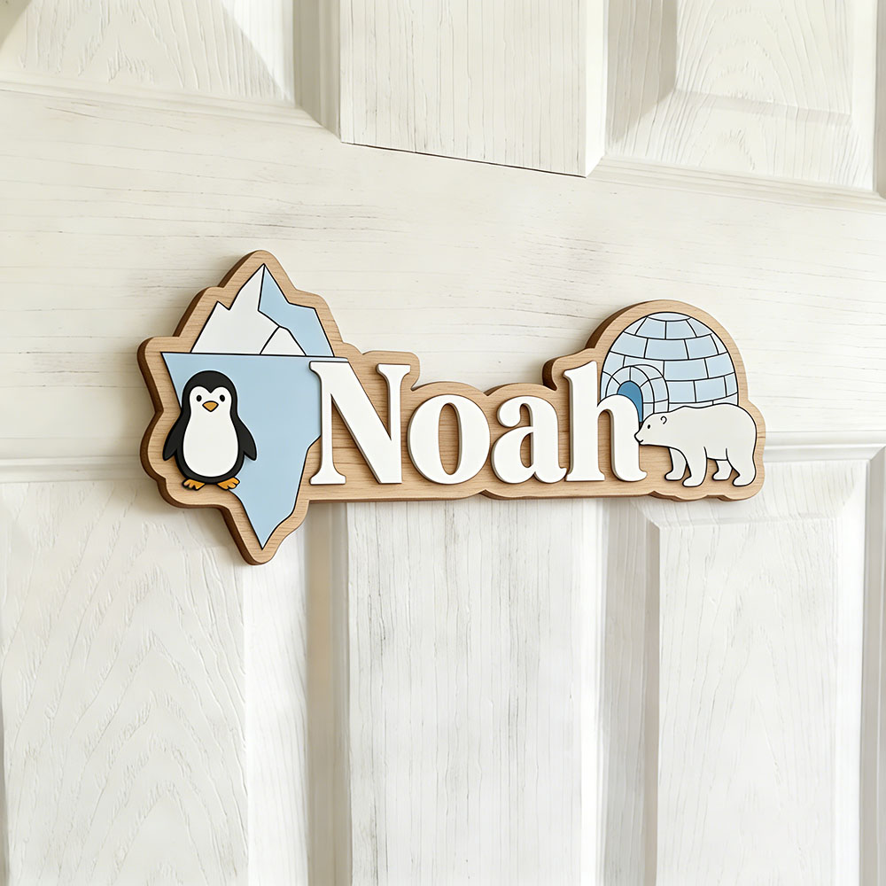 北極ペンギンとシロクマのカスタムネームサイン、氷の洞窟保育園 - Home Decor Wall Pictures のレビューと価格
