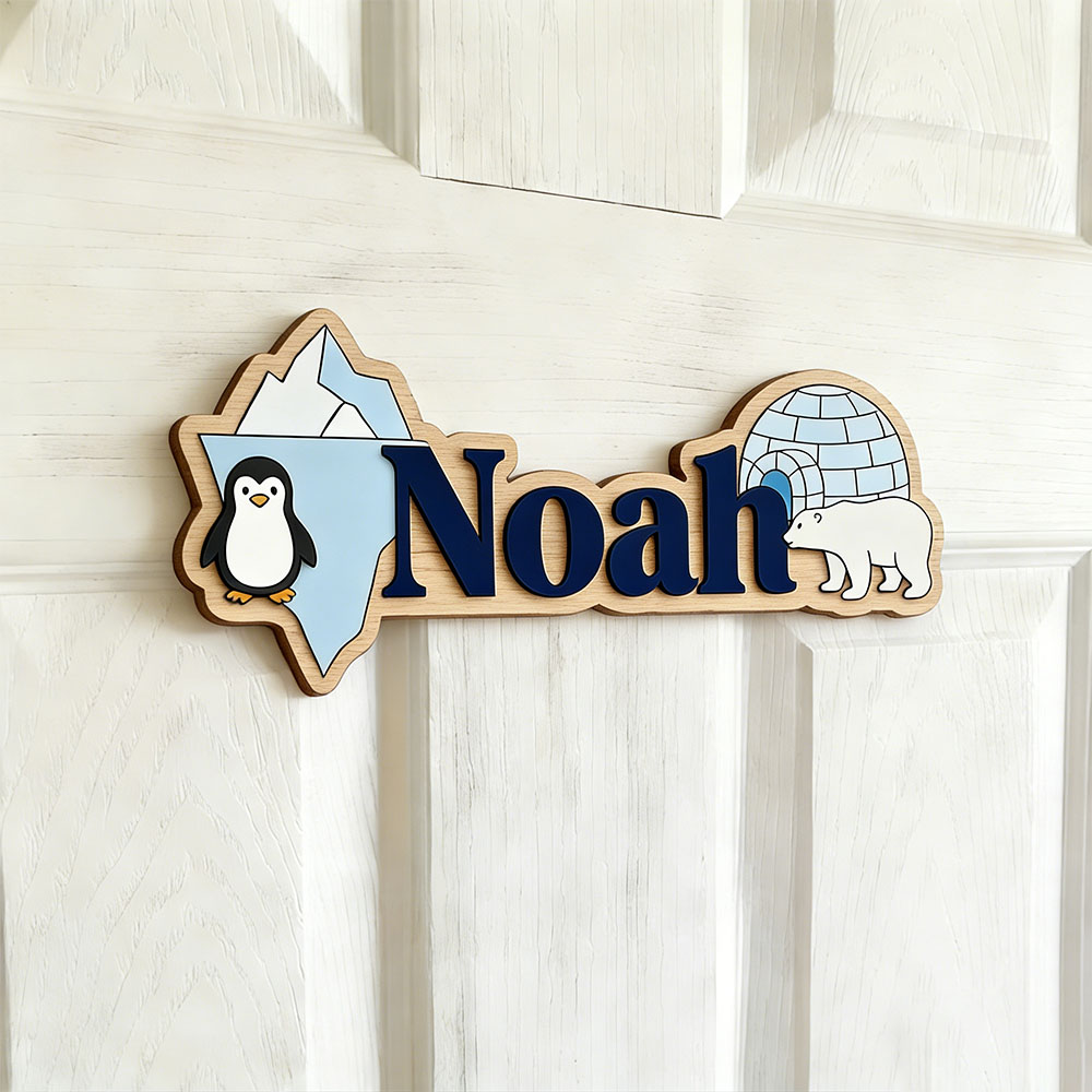 北極ペンギンとシロクマのカスタムネームサイン、氷の洞窟保育園 - Home Decor Wall Pictures のレビューと価格