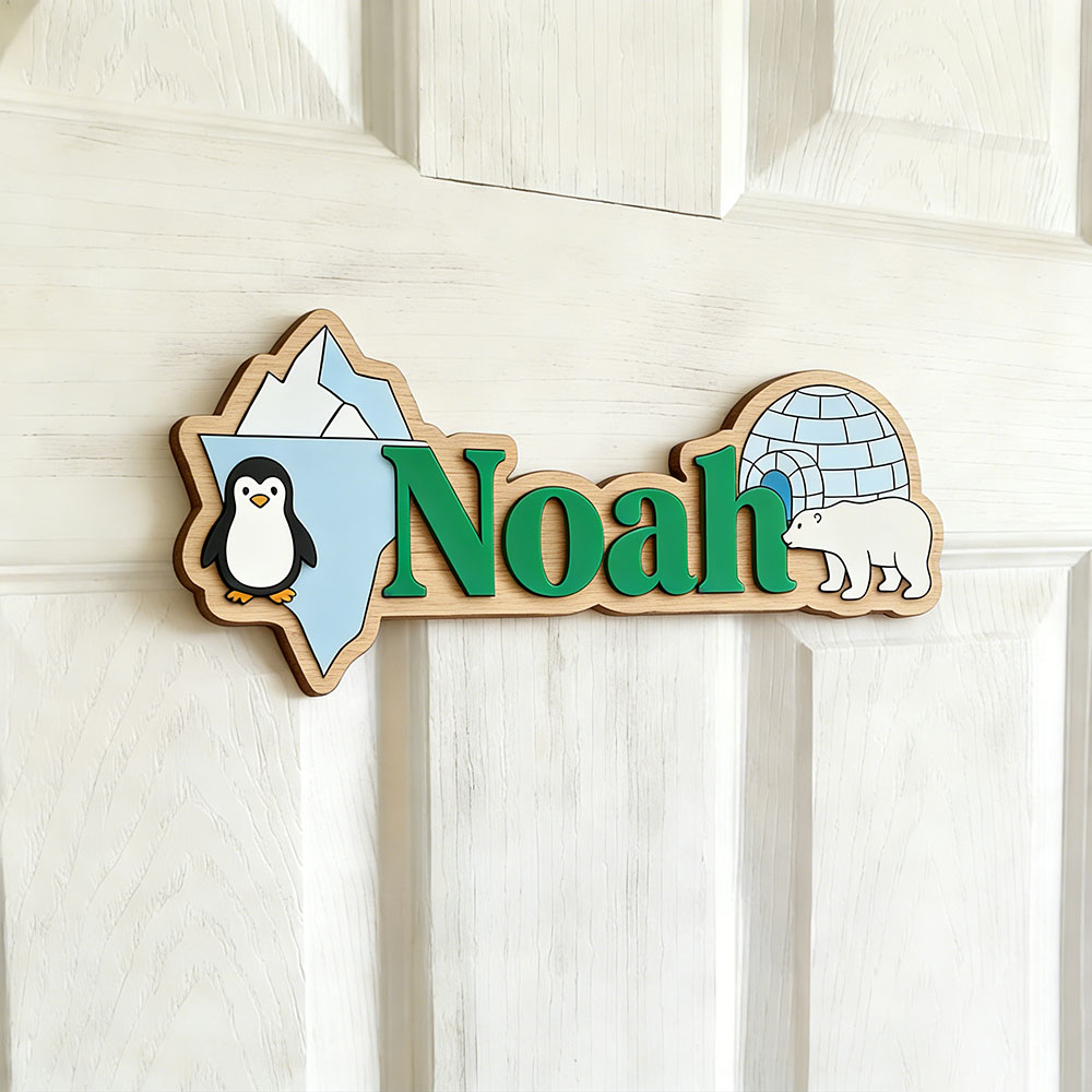 北極ペンギンとシロクマのカスタムネームサイン、氷の洞窟保育園 - Home Decor Wall Pictures のレビューと価格