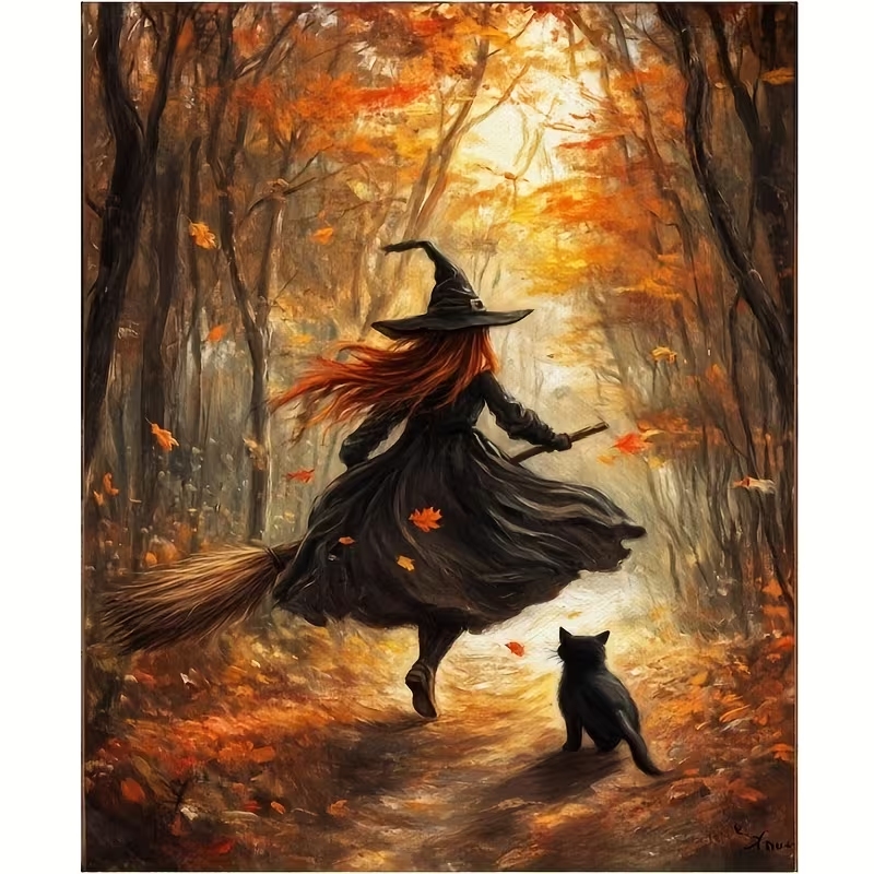 レトロなハロウィン秋の魔女がほうきに乗る壁アートプリントキャ - Home Decor Wall Pictures のレビューと価格