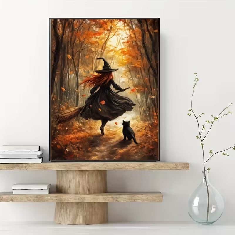 レトロなハロウィン秋の魔女がほうきに乗る壁アートプリントキャ - Home Decor Wall Pictures のレビューと価格