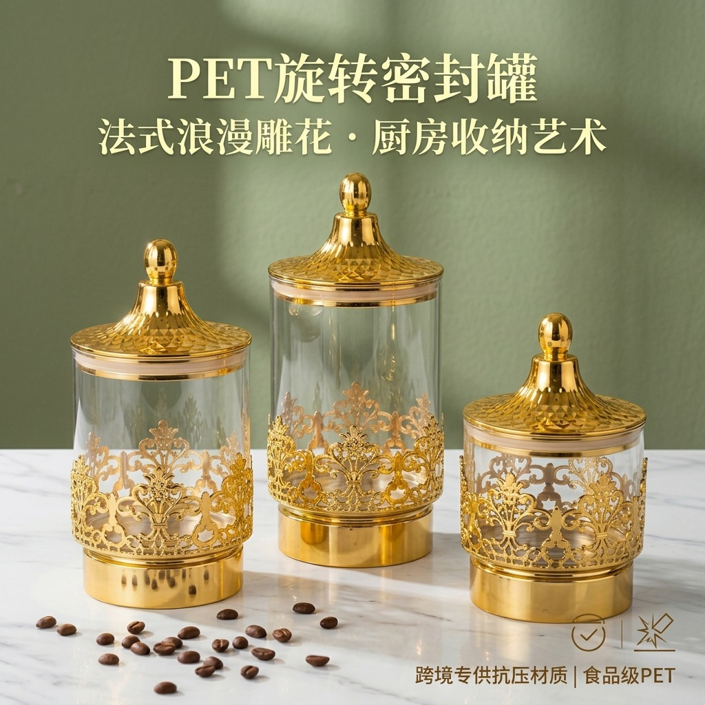 ヨーロッパの透明な金メッキ回転式密閉缶スナック茶葉収納タンク - Home Decor Kolkata のレビューと価格