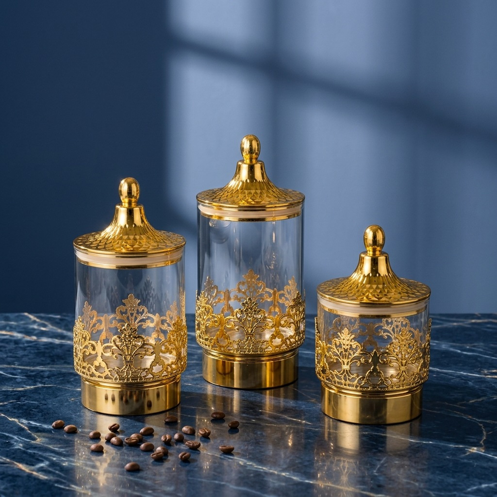 ヨーロッパの透明な金メッキ回転式密閉缶スナック茶葉収納タンク - Home Decor Kolkata のレビューと価格