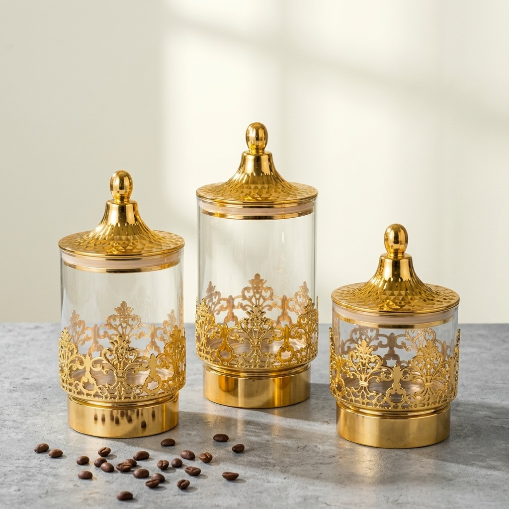 ヨーロッパの透明な金メッキ回転式密閉缶スナック茶葉収納タンク - Home Decor Kolkata のレビューと価格