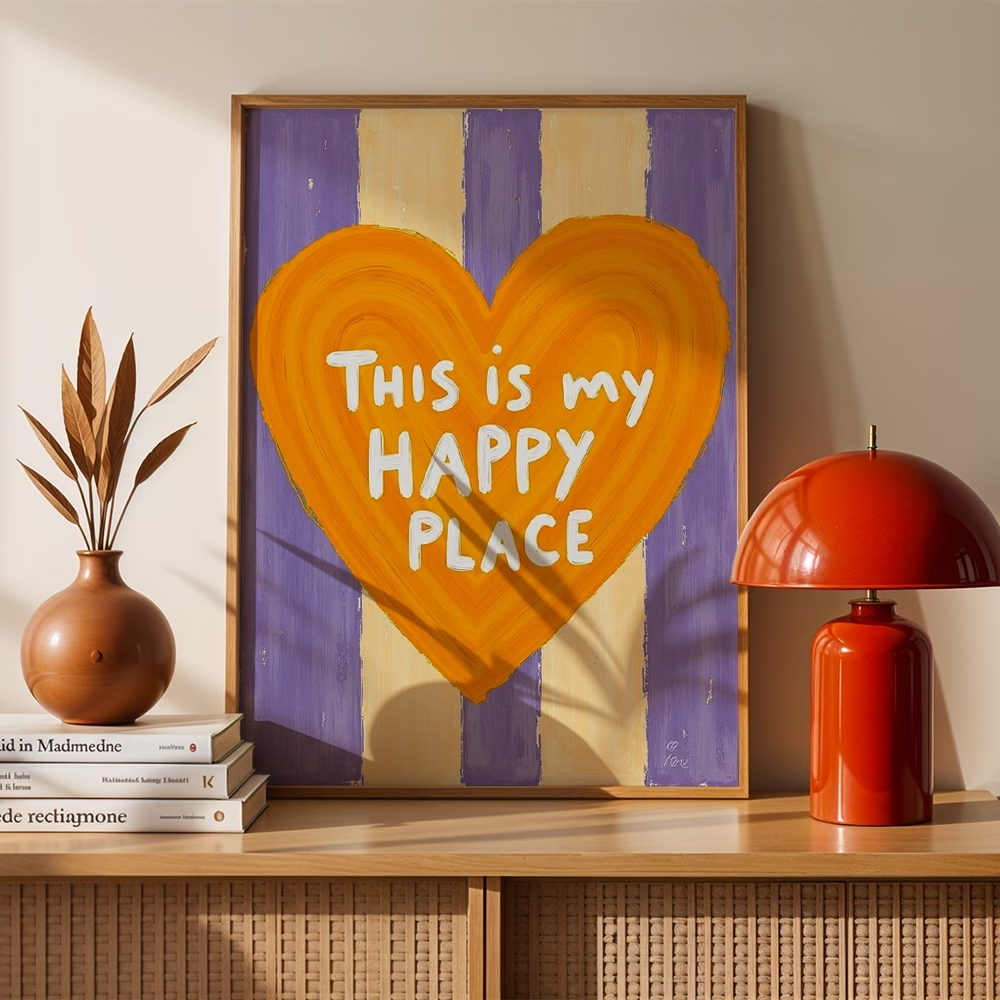 モダン、レトロ「これは私の幸せな場所です」引用句ウォールアー - Home Decor Aesthetic のレビューと価格